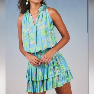 Current Air Cara Sleeveless Pleated Mini Dress Blue Mutli